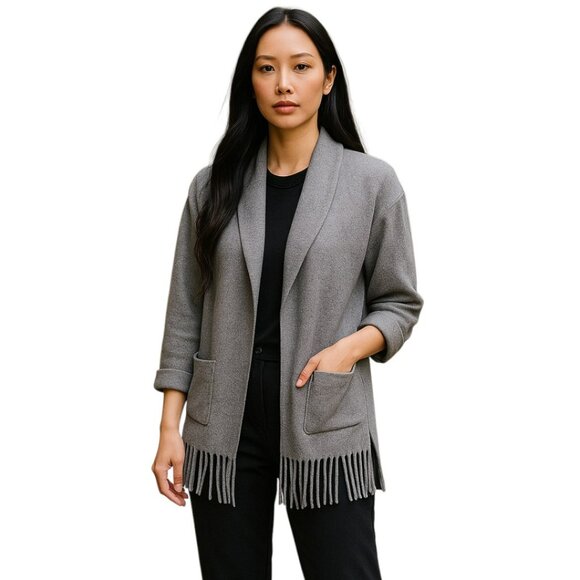 Tahari Gray Open Front Shawl Collar Sweater Fringe Hem Cardigan Size S - Picture 1 of 7